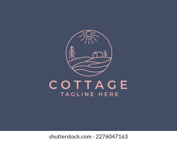 Natural Cottage Logo Concept with Pine Tree and Landscape Scene at Frame. Unique and Creative Design Brand Identity.