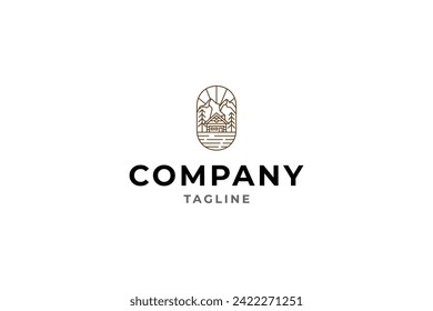 Natural Cottage Logo Concept with Pine Trees and Mountain Landscape View in Frame.