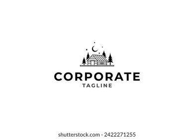 Natural Cottage Logo Concept with Pine Tree decorated crescent moon and stars in line art design style vector illustration
