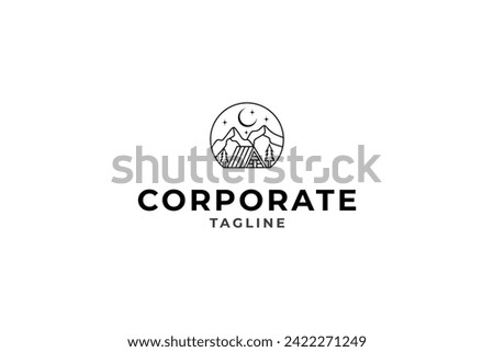 Natural Cottage Logo Concept with Pine Trees and Mountain Landscape View in night scene in Frame.