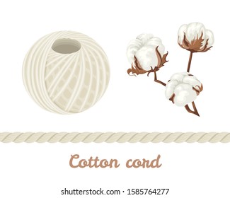 Natural cotton twine ball isolated on white background. Vector illustration of light threads and cotton plants in cartoon simple flat style. Cotton string, cords, rope.