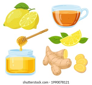 Natural Cough Remedies. Honey, Vitamin C Lemon, Hot Tea And Chopped Ginger Root Cartoon Vector Illustration Set. Natural Medicine Remedies. Lemon And Ginger, Healthy Tea And Natural Honey