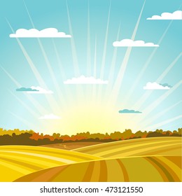 Natural country fields and forest autumn landscape background. Sunrise or sunset. Vector illustration.