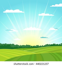 Natural country summer landscape background. Sunrise. Vector illustration.