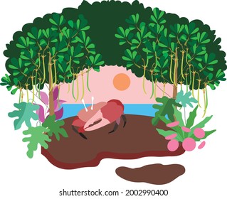 natural with crab .Picture for world ocean day. Large whale, crab and turtle swim at different levels of the ocean. 