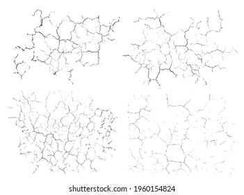 Natural cracks backgrounds. Vector overlay textures of cracked surface. One color graphic resources.
