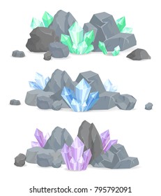 Natural crystals clusters of light blue, tender purple and bright turquoise colors in solid stones isolated cartoon flat vector illustrations set.