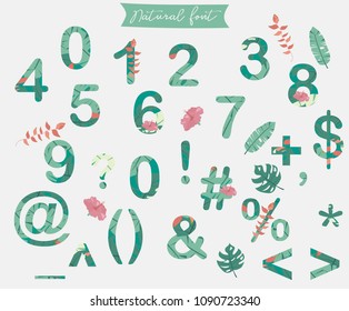 natural cute alphabet with palm, tree,hibiscus and flower