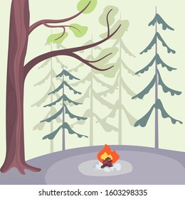 Natural cute landscape with pine forest and a campfire in the center. Flat Art Vector illustration