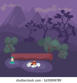 Natural cute night landscape with pine forest and a campfire in the center. Flat Art Vector illustration