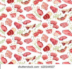 Natural cutting pork parts seamless pattern in sketch style on white background vector illustration