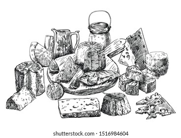 natural dairy and meat products. set of vector sketches on a white
