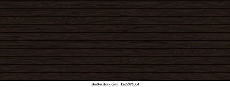 Natural Dark Wooden Background. Old weathered black wood surface with long boards lined up vector illustration. Wooden planks on a wall or floor with grain. Ebony painted texture dark tones