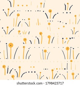 A natural dashed Doodle pattern with pairs of birds thrushes and starlings on schematically drawn grass
Seamless pattern.