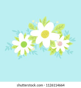 Natural decorative design element - summer flowers and leaves on blue background. Season's postcard, banner,cover.