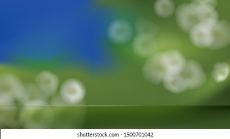 Natural defocused background vector illustration. Banner with blurred blue sky, green trees foliage and white flowers, design element for environmental projects or organic product advertising