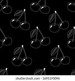 Natural delicious berries seamless pattern with cherries, vector white illustration on black background