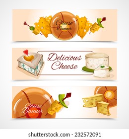 Natural delicious cheese food assortment colored decorative horizontal banners set isolated vector illustration