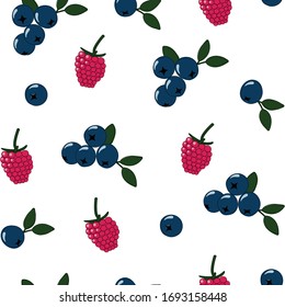 Natural delicious juicy organic berries seamless pattern with raspberries, blueberries, vector color illustration on white background, isolated