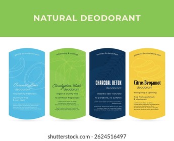 Natural deodorant labels featuring various scents and benefits in a modern design for conscious consumers