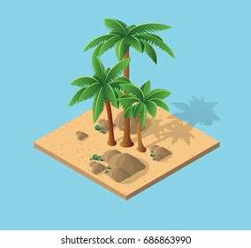 Natural Desert Landscape Isometric Palm Trees With Tropical Land With Sand And Rocks