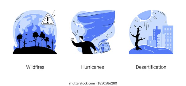 Conjunto de ilustraciones vectoriales del concepto abstracto de desastres naturales. Incendios forestales y huracanes, desertificación y proyectos, problema de deforestación, cambio climático, calentamiento global, lucha contra incendios con metáforas abstractas.