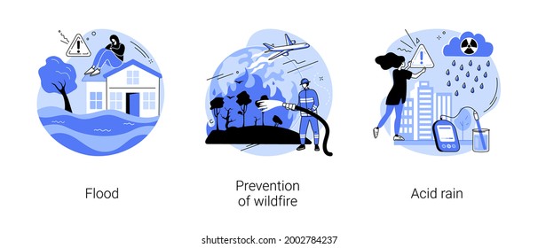 Natural disaster abstract concept vector illustration set. Flood and tropical cyclone and tsunami, prevention of wildfire, acid rain, climate change, firefighting service, rainwater abstract metaphor.