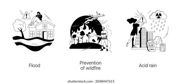 Natural disaster abstract concept vector illustration set. Flood and tropical cyclone and tsunami, prevention of wildfire, acid rain, climate change, firefighting service, rainwater abstract metaphor.