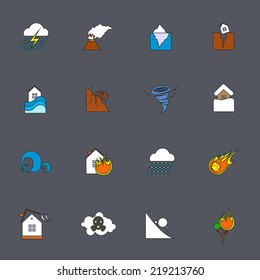 Natural disaster accident environmental catastrophe icons flat line set isolated vector illustration