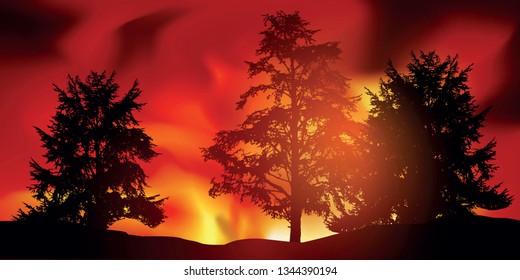 Natural disaster or arson, this illustration shows a forest fire with gigantic flames that destroys the landscape before the intervention of firefighters.