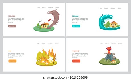 Pancarta de desastres naturales: tornado, tsunami, incendio y destrucción de casas y bosques por volcanes. Ilustración vectorial de la colección de plantillas de página web de emergencia.