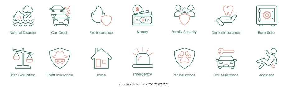 Desastre Natural, Acidente De Carro, Seguro Contra Incêndio, Dinheiro, Segurança Familiar, Seguro Dentário, Roubo Bancário, Avaliação De Riscos, Seguro Contra Roubo, Emergência Doméstica, Seguro Para Animais De Estimação, Assistência A Carros, Ícone De Vetor De Acidente