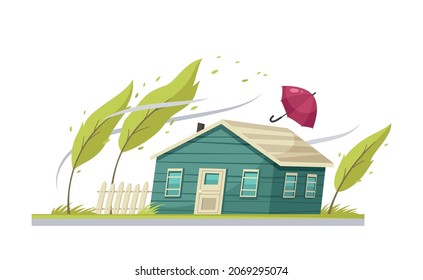 Natural disaster cartoon composition with nodded house trees and umbrella flying in wind vector illustration