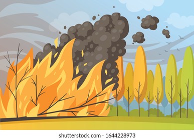 Natural disaster cartoon composition with outdoor scenery and burning trees with fire flame and smoke cloud vector illustration