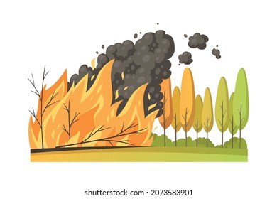 Natural disaster cartoon composition with outdoor scenery and view of forest trees under fire vector illustration