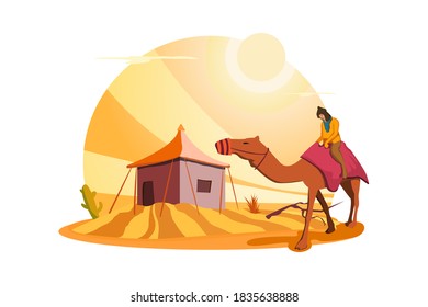 Natural disaster cartoon composition with text and round scenery with desert and heating sun with smoke