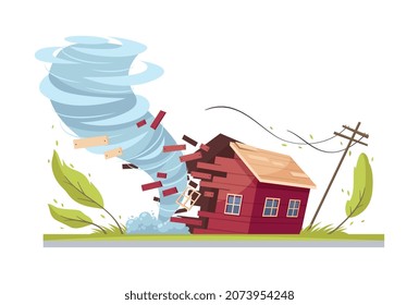 Composición de dibujos animados sobre desastres naturales con vórtice del tifón destruyendo ilustración vectorial de la casa viva