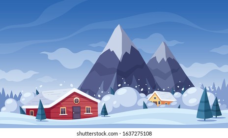 Natural disaster cartoon composition with winter landscape and mountains with snow avalanche gliding upon living houses vector illustration