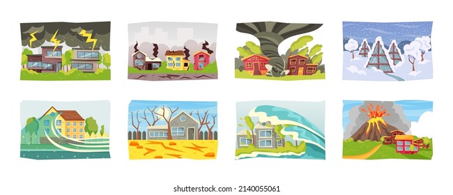 Natural Disaster. Cartoon Scenes With Extreme Weather Conditions, Natural Cataclysm. Vector Hurricane And Flood Set