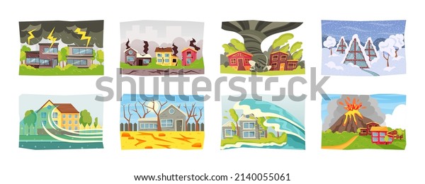 Natural\
disaster. Cartoon scenes with extreme weather conditions, natural\
cataclysm. Vector hurricane and flood\
set
