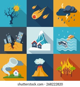 Natural Disaster Catastrophe And Crisis Icons Flat Set Vector