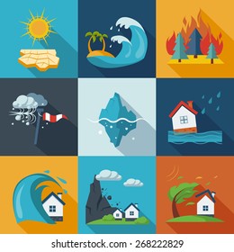 Natural Disaster Catastrophe And Crisis Icons Flat Set Vector