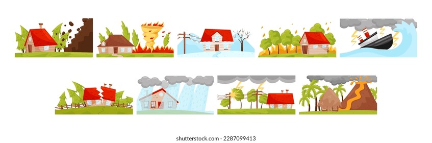 Natural Disaster and Catastrophe with House Damage Vector Set