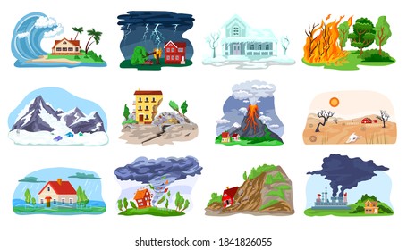 Natural disaster, catastrophe set of vector illustrations with tornado, blizzard, fire, tsunami. Hurricane, environmental crisis in nature, earthquake, volcano icons collection. Landslide with houses.