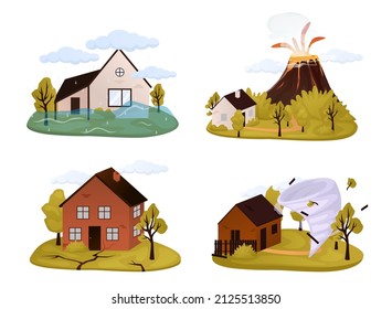 Natural disaster, catastrophe set of vector illustrations with tornado, blizzard, fire, tsunami isolated compositions with various kinds of elemental calamities and catastrophes vector illustration