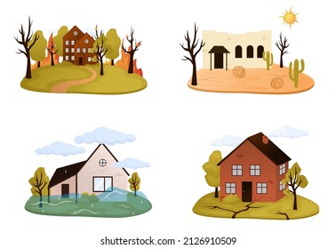 Natural disaster, catastrophe set of vector illustrations with tornado, blizzard, fire, tsunami isolated compositions with various kinds of elemental calamities and catastrophes vector illustration