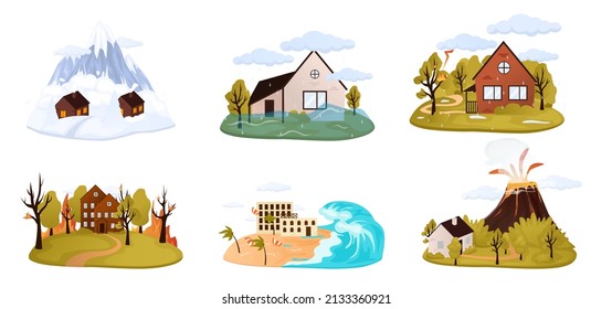 Natural disaster, catastrophe set of vector illustrations with tornado, blizzard, fire, tsunami isolated compositions with various kinds of elemental calamities and catastrophes vector illustration