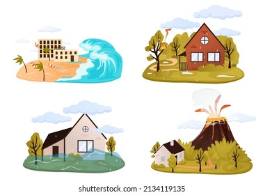 Natural disaster, catastrophe set of vector illustrations with tornado, blizzard, fire, tsunami isolated compositions with various kinds of elemental calamities and catastrophes vector illustration