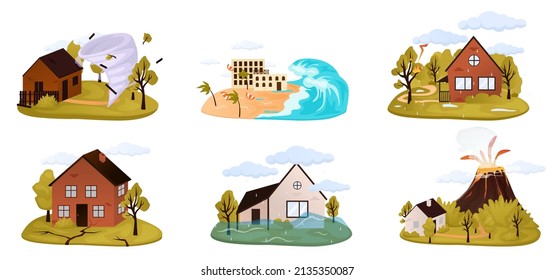 Natural disaster, catastrophe set of vector illustrations with tornado, blizzard, fire, tsunami isolated compositions with various kinds of elemental calamities and catastrophes vector illustration