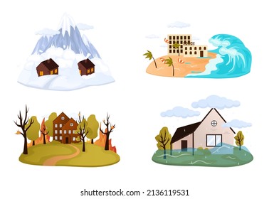 Natural disaster, catastrophe set of vector illustrations with tornado, blizzard, fire, tsunami isolated compositions with various kinds of elemental calamities and catastrophes vector illustration